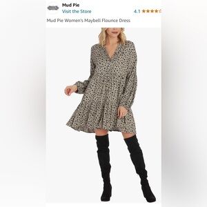Mudpie MAYBELL SAGE LEOPARD DRESS long sleeve flounce size L